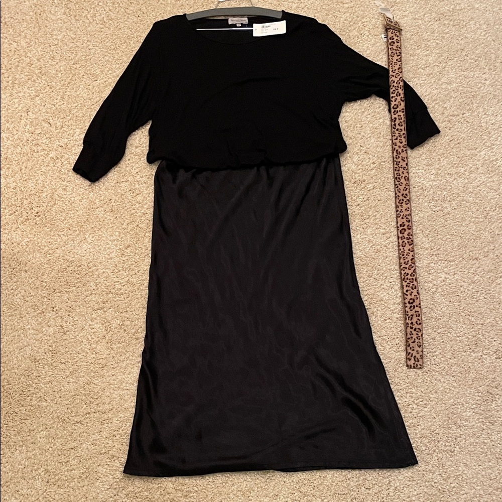 Elegant Black Long Sleeve Dress with Leopard Belt